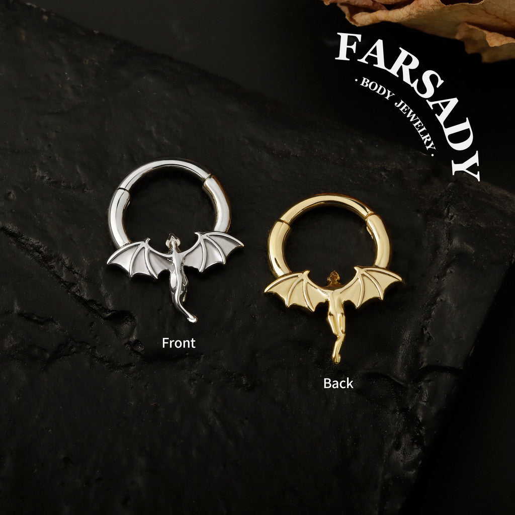 Flying Dragon - 316L Hinged Clicker Hoop / Fits 16G Septum Ring Helix Conch Cartilage Earring