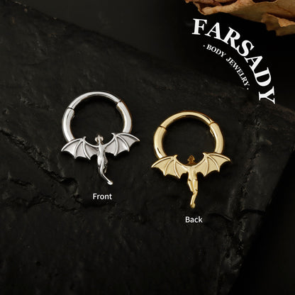 Flying Dragon - 316L Hinged Clicker Hoop / Fits 16G Septum Ring Helix Conch Cartilage Earring