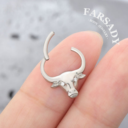 Bull Crest - F136 Titanium Hinged Clicker Hoop / Fits 16G Septum Ring Helix Conch Cartilage Earring