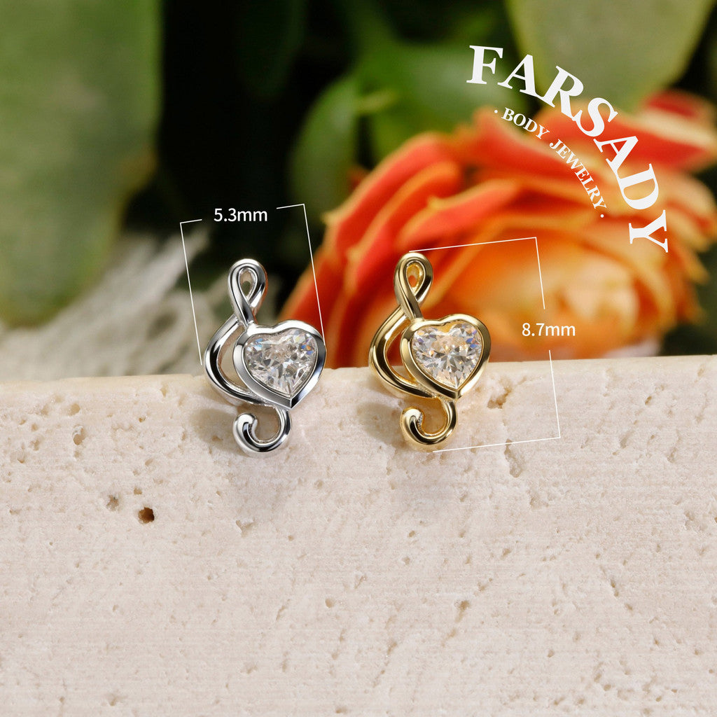Melody Heart - 925 Silver Threadless Stud / Fits Cartilage Helix Tragus Lobe Nostril Piercing