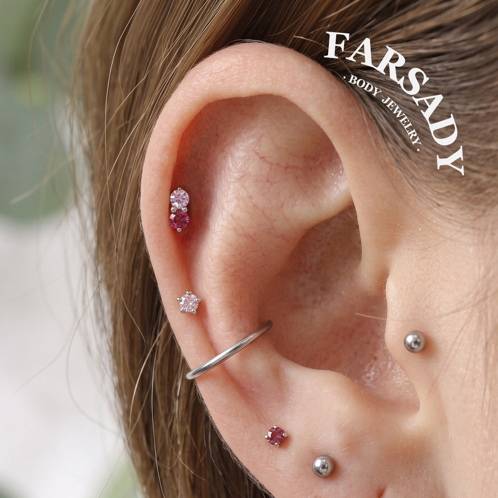 Vertical Twin Gem - F136 Titanium Internally Threaded Stud / Fits Cartilage Helix Tragus Lobe Nostril Piercing