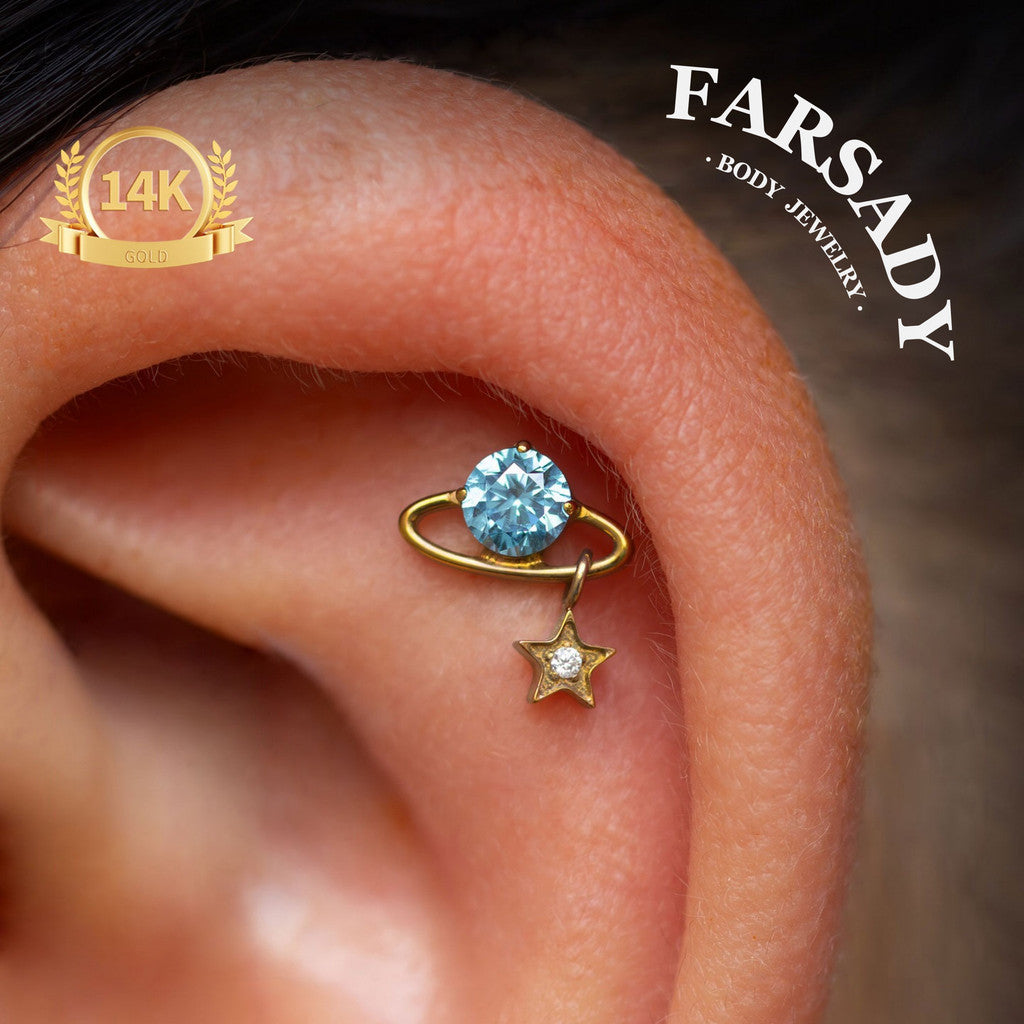 Aquamarine Planet - Solid 14K Gold Internally Threaded Stud / Fits Cartilage Helix Tragus Lobe Piercing
