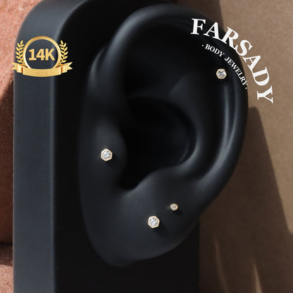 Dual Hexa - Solid 14K Gold Threadless Stud / Fits Cartilage Helix Tragus Lobe Nostril Piercing
