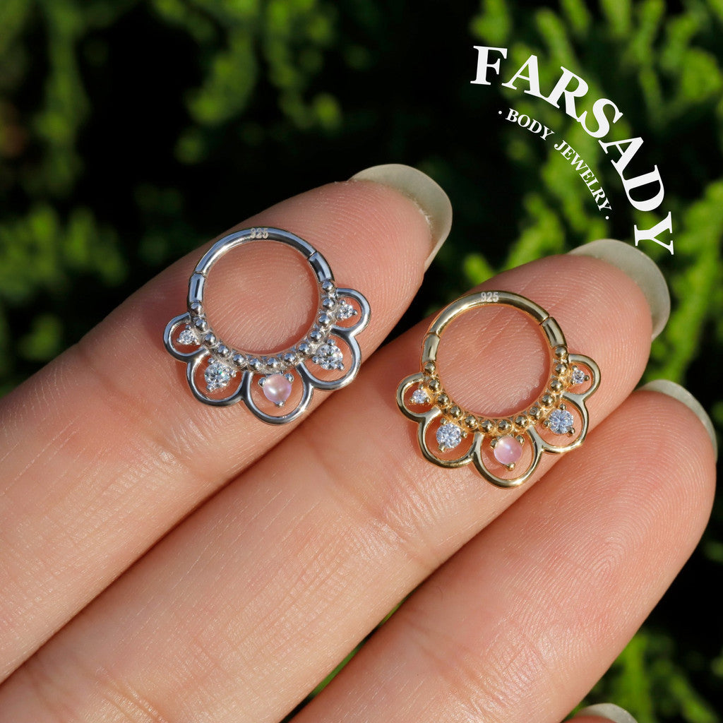 16G Sterling Silver Moonstone Flower Septum Ring, Moissanite Hinged Septum Clicker,925 Sterling Silver Plated 18k Gold,Gold Daith Earring Hoop,Helix Tragus Hoop