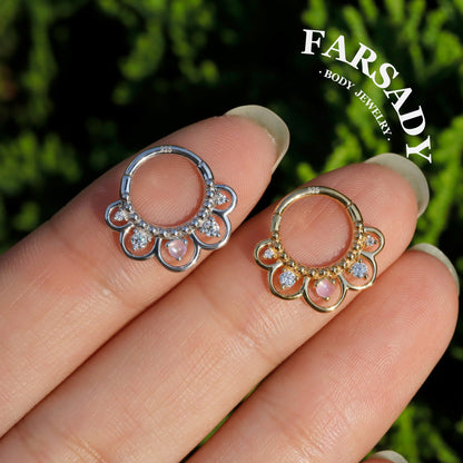 16G Sterling Silver Moonstone Flower Septum Ring, Moissanite Hinged Septum Clicker,925 Sterling Silver Plated 18k Gold,Gold Daith Earring Hoop,Helix Tragus Hoop