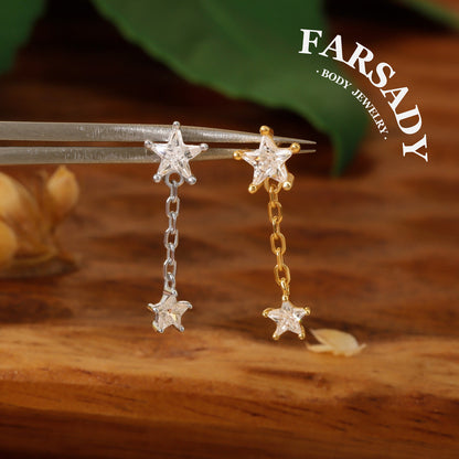 Sterling Silver Dangle Star Cartilage Earring Threadless Push In, S925 Helix Stud, Flat Back Lobe, Tragus Piercing Jewelry