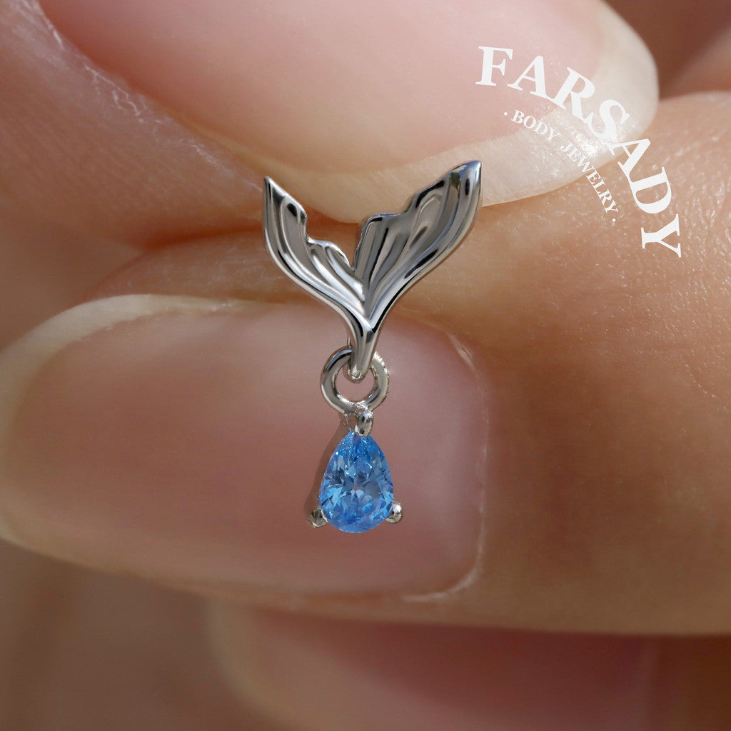 Mermaid Tail Flat Helix Dangle Stud: Blue Gem Tragus Helix Lobe Threadless Push In Cartilage Earring, 925 Silver Plated 18k Gold,Nickle-Free