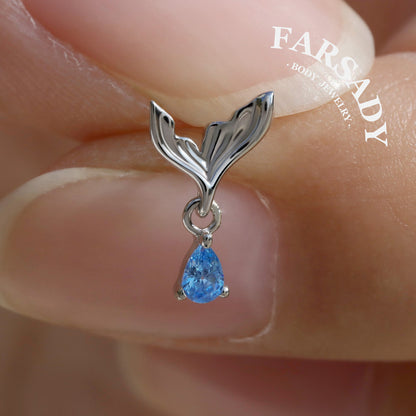 Mermaid Tail Flat Helix Dangle Stud: Blue Gem Tragus Helix Lobe Threadless Push In Cartilage Earring, 925 Silver Plated 18k Gold,Nickle-Free
