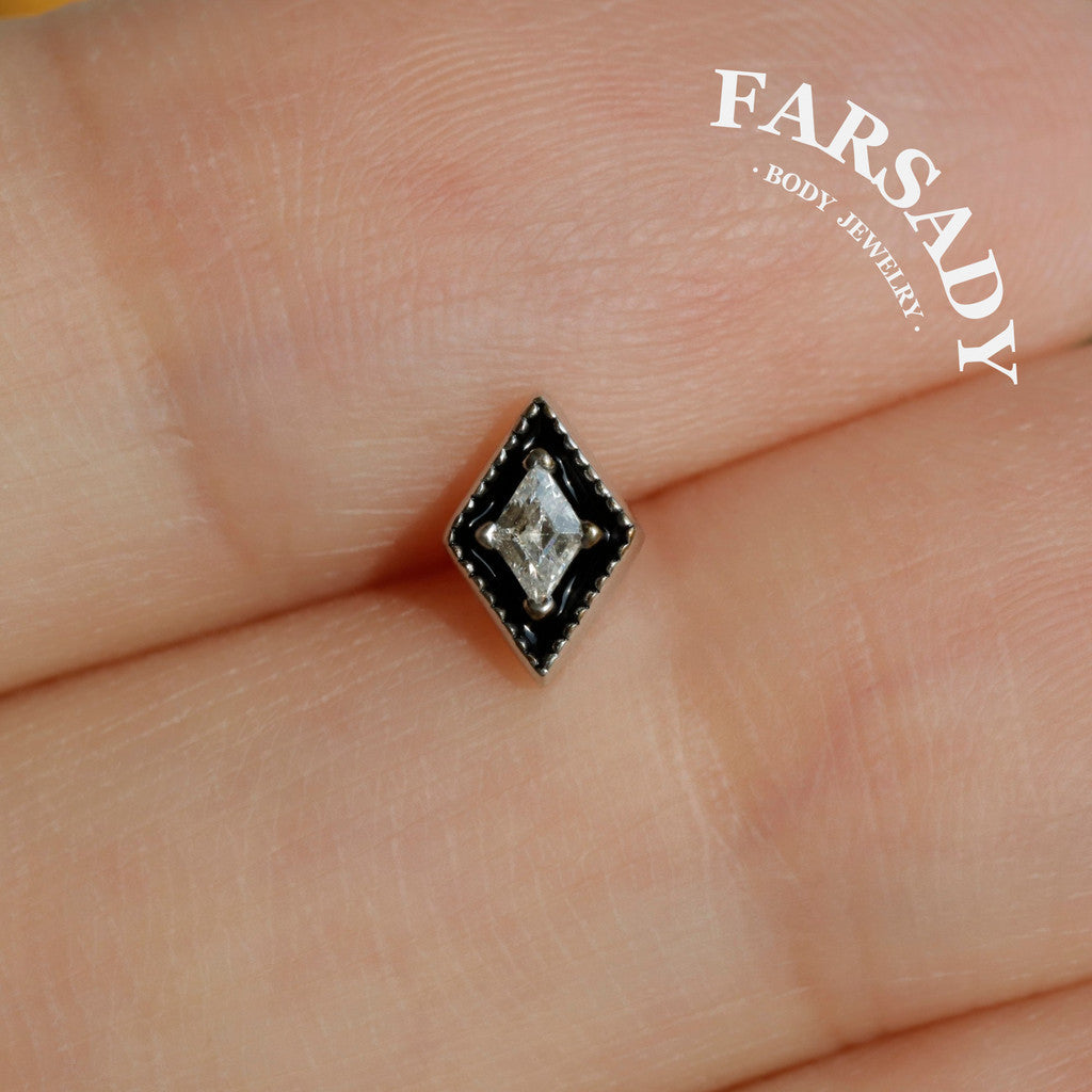 Rhombus Black Enamel CZ Tragus Studs, Sterling Silver Helix Piercing Earrings, Titanium Threadless Push Pin, Flat Back Minimalist Jewelry