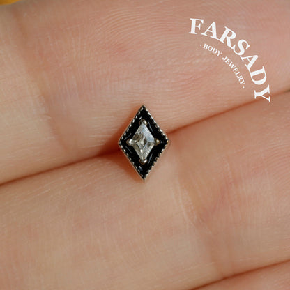 Rhombus Black Enamel CZ Tragus Studs, Sterling Silver Helix Piercing Earrings, Titanium Threadless Push Pin, Flat Back Minimalist Jewelry