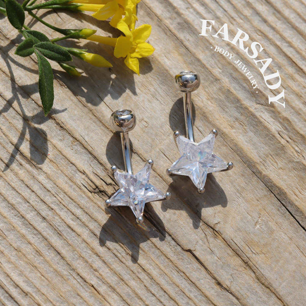 14G S925 Sterling Silver Star Clear CZ Belly Button Ring 6mm 8mm 10mm Navel Piercing Jewelry Easy Insert Non Healed Piercing Friendly Daily Wear Gift for Women
