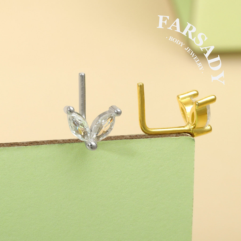 Twin Marquise Sprout - 925 Silver L-Shape Stud / Fit 20G Nose Ring