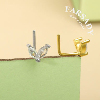 Twin Marquise Sprout - 925 Silver L-Shape Stud / Fit 20G Nose Ring