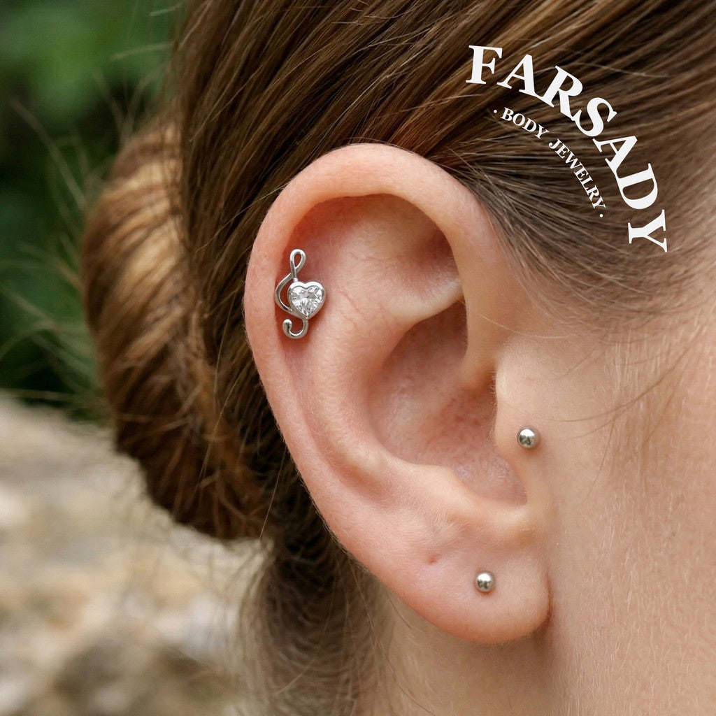 Melody Heart - 925 Silver Threadless Stud / Fits Cartilage Helix Tragus Lobe Nostril Piercing