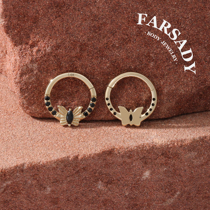 Noir Flutter - Solid 14K Gold Hinged Clicker Hoop / Fits 16G Septum Ring Helix Conch Cartilage Earring