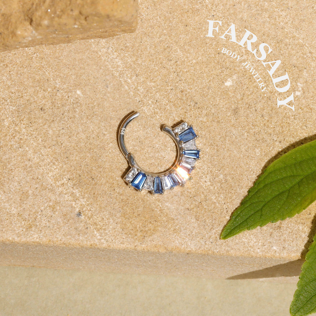 Sterling Silver Septum Ring 16G, Orginal Design Daith Piercing Blue CZ Earrings Hoop, Unique Septum Clicker Gold, 18K Plated Helix, Tragus Jewelry