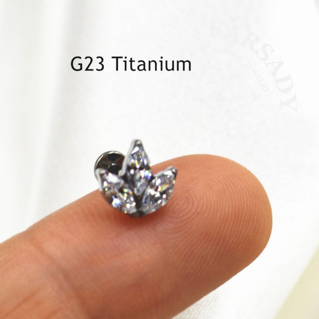 Three Marquise Leaf - F136 Titanium Internally Threaded Stud / Fits Cartilage Helix Tragus Lobe Nostril Piercing