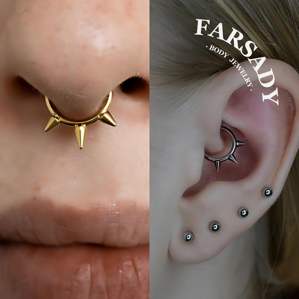 16G Titanium Triple Spike Hinged Septum Ring, Punk Style Segment Hoop, Spiked Daith & Nose Clicker Piercing Jewelry in Silver & Gold, Daily Wear with Gift Box