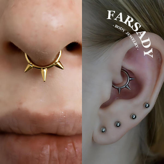 16G Titanium Triple Spike Hinged Septum Ring, Punk Style Segment Hoop, Spiked Daith & Nose Clicker Piercing Jewelry in Silver & Gold, Daily Wear with Gift Box