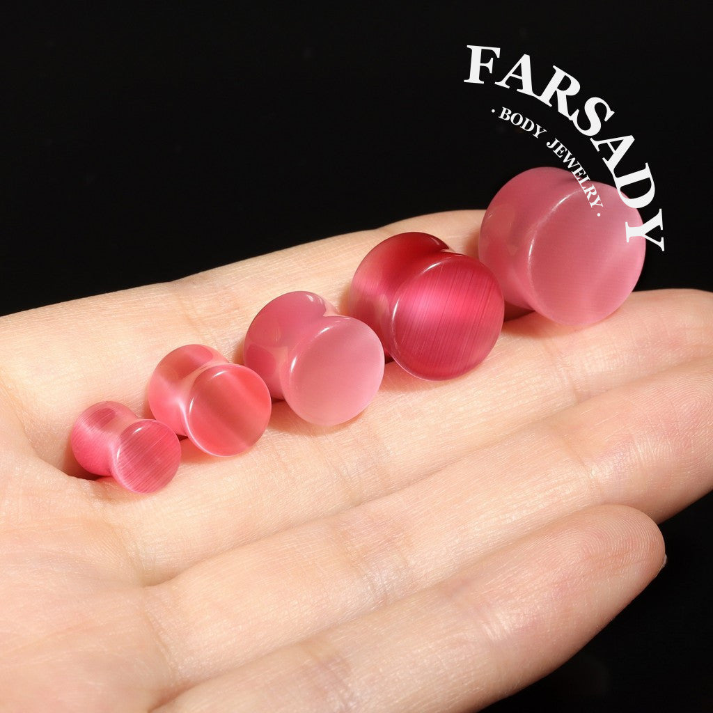 Pink Cat's Eye Stone Ear Plug Earrings 6mm-14mm Ear Gauges Stone Ear Stretchers Stretched Ears Lobe Piercing Body Jewelry