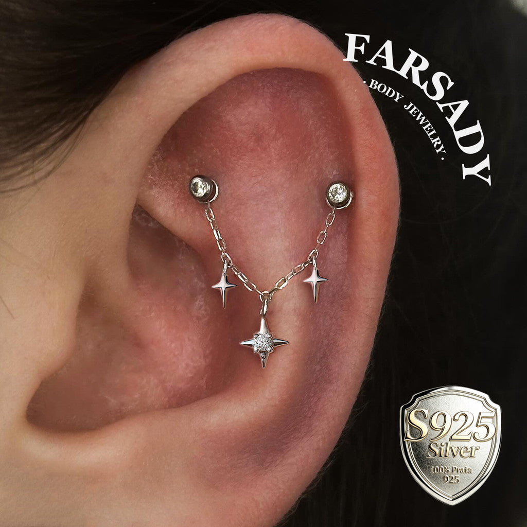 Star Dangle Earring Chain Sterling Silver/  Industrial Barbell Triple Stars Charm Chain/18K Gold Plated Helix Conch Lobe Nose Piercing Chain