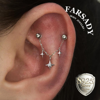 Star Dangle Earring Chain Sterling Silver/  Industrial Barbell Triple Stars Charm Chain/18K Gold Plated Helix Conch Lobe Nose Piercing Chain