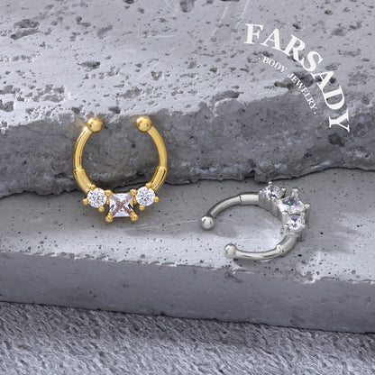 Square Star Duo - 316L Fake Nose Ring C-Hoop Piercing / Fit Non-Pierced Septum Ring
