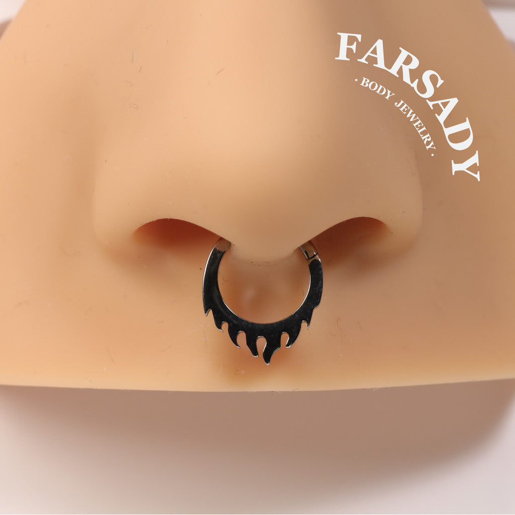 Flame Edge - F136 Titanium Hinged Clicker Hoop / Fits 16G Septum Ring Helix Conch Cartilage Earring