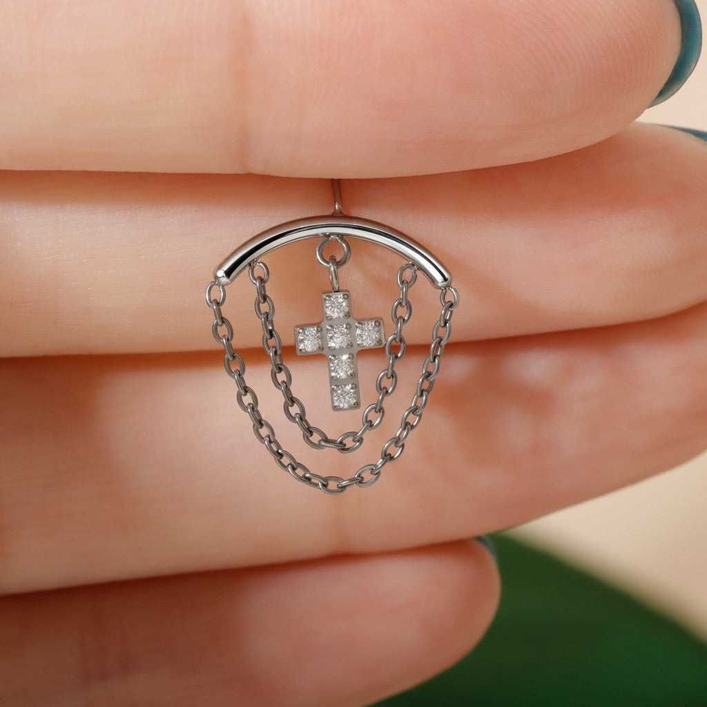 Layer Chain Cros - F136 Titanium Threadless Stud / Fits Vertical Helix Hidden Rook Earring