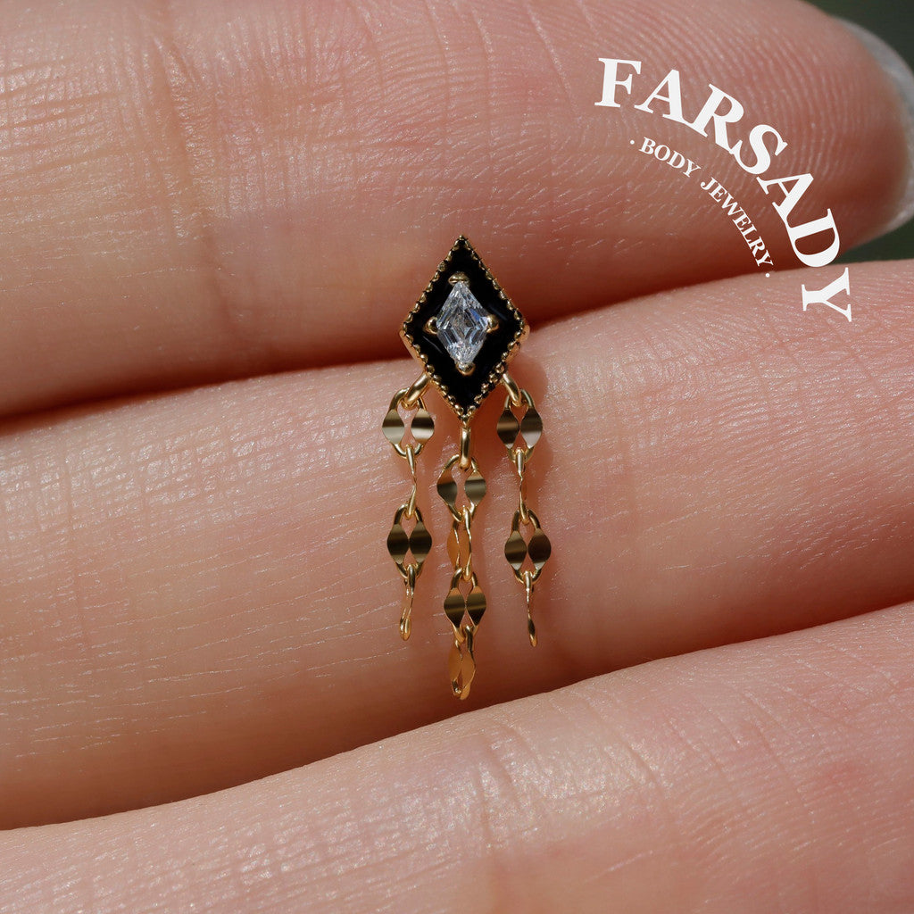 Obsidian Tassel - 925 Silver Threadless Stud / Fits Cartilage Helix Tragus Lobe Piercing