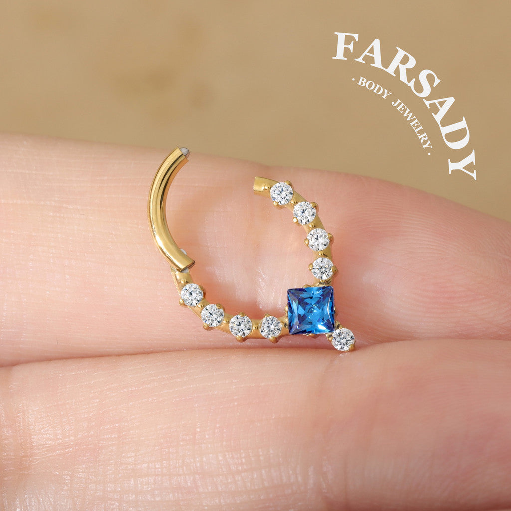 Sapphire Drop - F136 Titanium Hinged Clicker Hoop / Fits 16G Septum Ring Helix Conch Cartilage Earring
