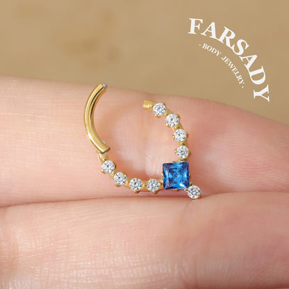 Sapphire Drop - F136 Titanium Hinged Clicker Hoop / Fits 16G Septum Ring Helix Conch Cartilage Earring
