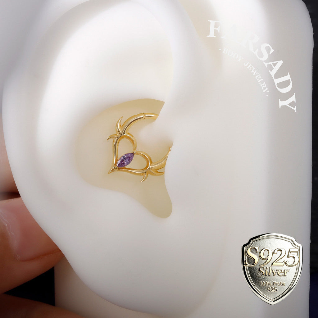 16G Heart Thorn Hinged Daith Earring Hoop, Gothic Purple CZ Septum Ring, Edgy Helix Tragus Conch Clicker  Sterling Silver, Original Design