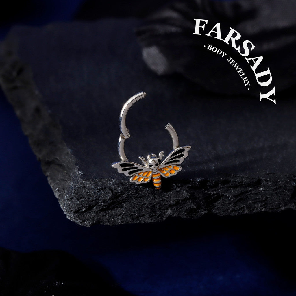 16G Death Moth Daith Earring| 316L Steel Septum Ring| Gold Septum Clicker| Helix Piercing Jewelry| Gothic Tragus Hoop | Skull Moth Halloween