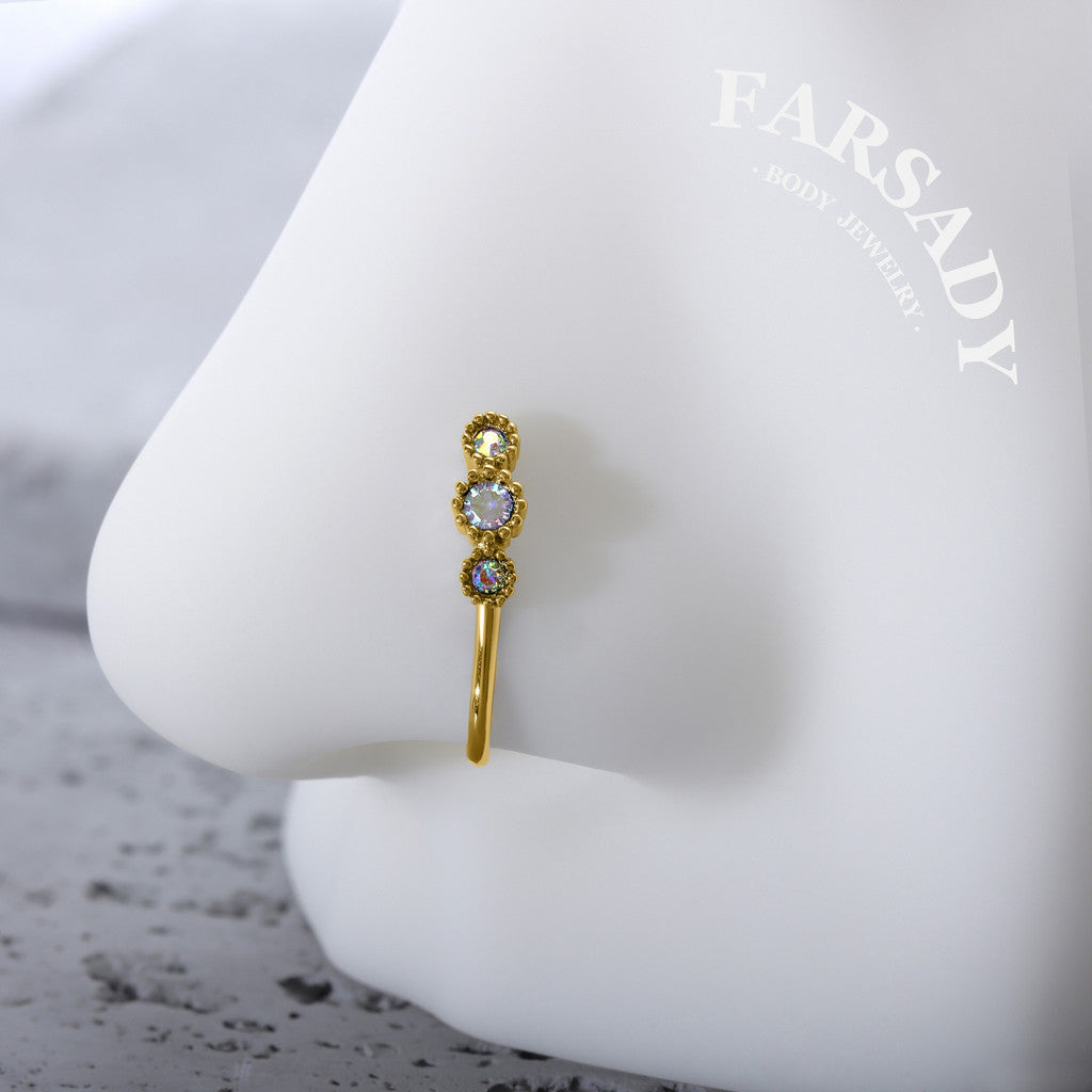 Three Bezel AB CZ Hook - 925 Silver Fake Nose Ring / Fit Non-Pierced Nose Ring