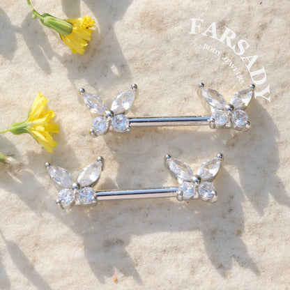 Crystal Butterfly - 2PCS Clear CZ Straight Barbell / Fits 16G Chest Piercing Nose Bridge