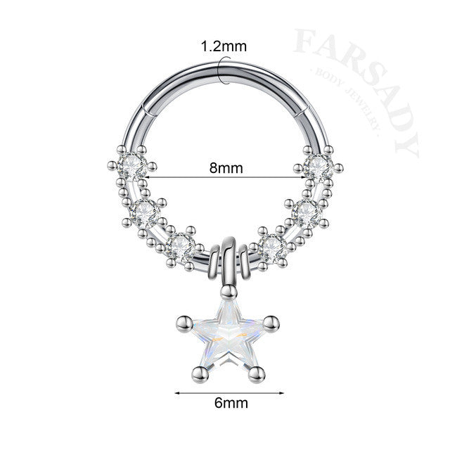 Star Chain - CZ Dangle Hinged Clicker Hoop / Fits 16G Septum Ring Helix Conch Cartilage Earring