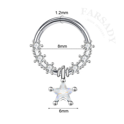 Star Chain - CZ Dangle Hinged Clicker Hoop / Fits 16G Septum Ring Helix Conch Cartilage Earring