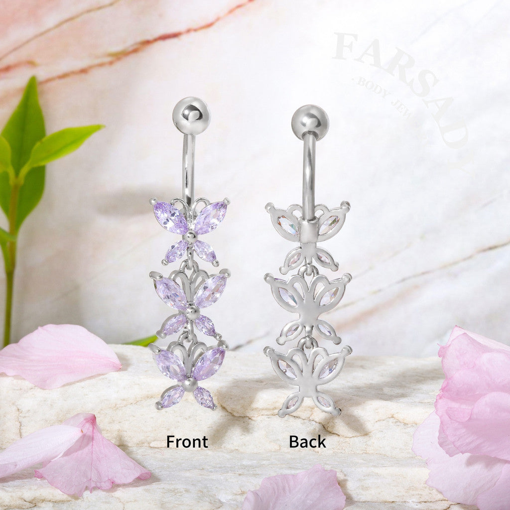 Lavender Butterfly Drift - 316L Purple CZ Belly Button Ring / Fits 14G Navel Piercing