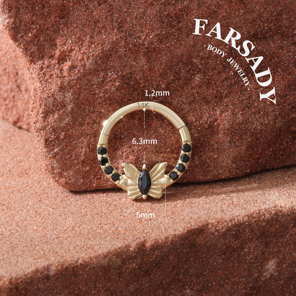 Noir Flutter - Solid 14K Gold Hinged Clicker Hoop / Fits 16G Septum Ring Helix Conch Cartilage Earring