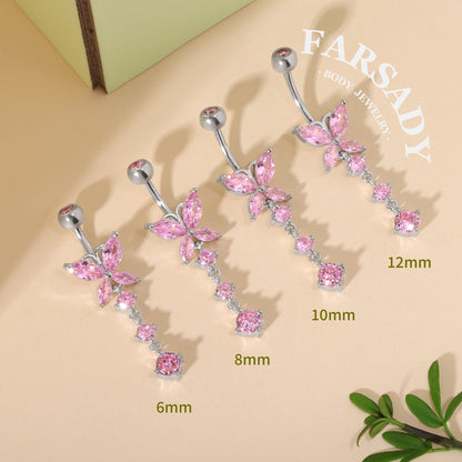 Pink Butterfly Trail - 925 Silver Pink CZ Belly Button Ring / Fits 14G Navel Piercing