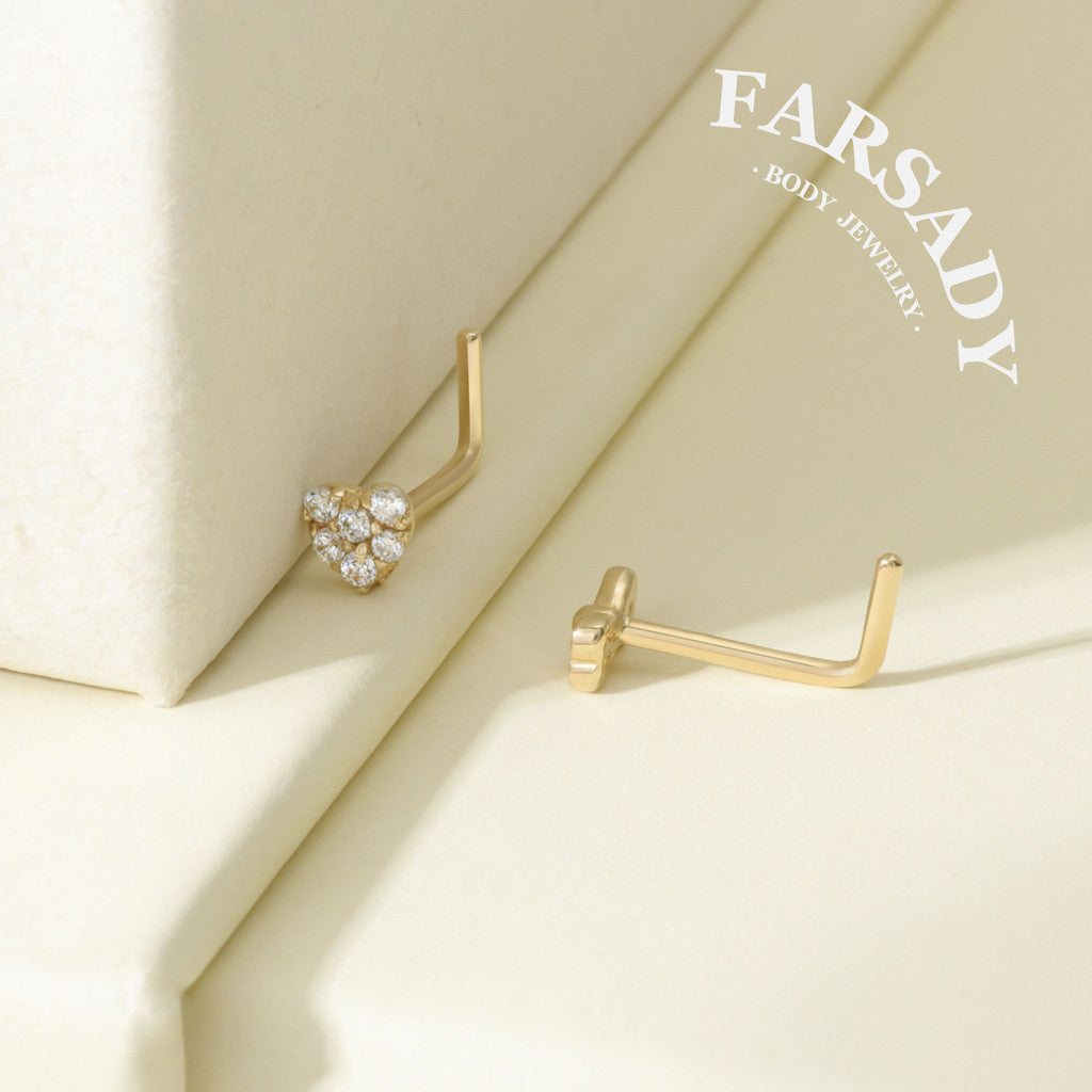 Minimal Heart & Bow CZ - Solid 14K Gold L-Shape Stud / Fit 20G Nostril Piercing