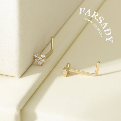 Minimal Heart & Bow CZ - Solid 14K Gold L-Shape Stud / Fit 20G Nostril Piercing