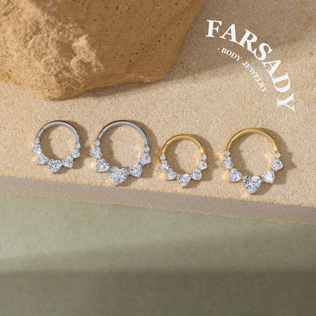 16G Titanium 5 Heart CZ Septum Ring & Hoop Earring | Hinged Clicker for Daith, Helix and Tragus  | Elegant Sparkling CZ Piercing Jewelry in Silver & Gold, Daily Wear with Gift Box