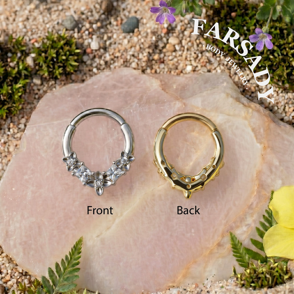 316L Flower Septum Clicker, White CZ Septum Nose Ring, 16G 8mm Daith Hoop Earring, Gold Septum Ring, Silver Helix/ Conch/ Tragus Ring