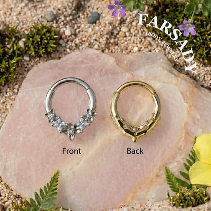 316L Flower Septum Clicker, White CZ Septum Nose Ring, 16G 8mm Daith Hoop Earring, Gold Septum Ring, Silver Helix/ Conch/ Tragus Ring