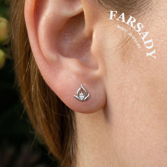 Mini Lotus Threadless Push In Helix Stud, Sterling Silver Cartilage Stud, Flat Back Titanium Post, Design Flower Tragus/ Lobe/ Lip Earring