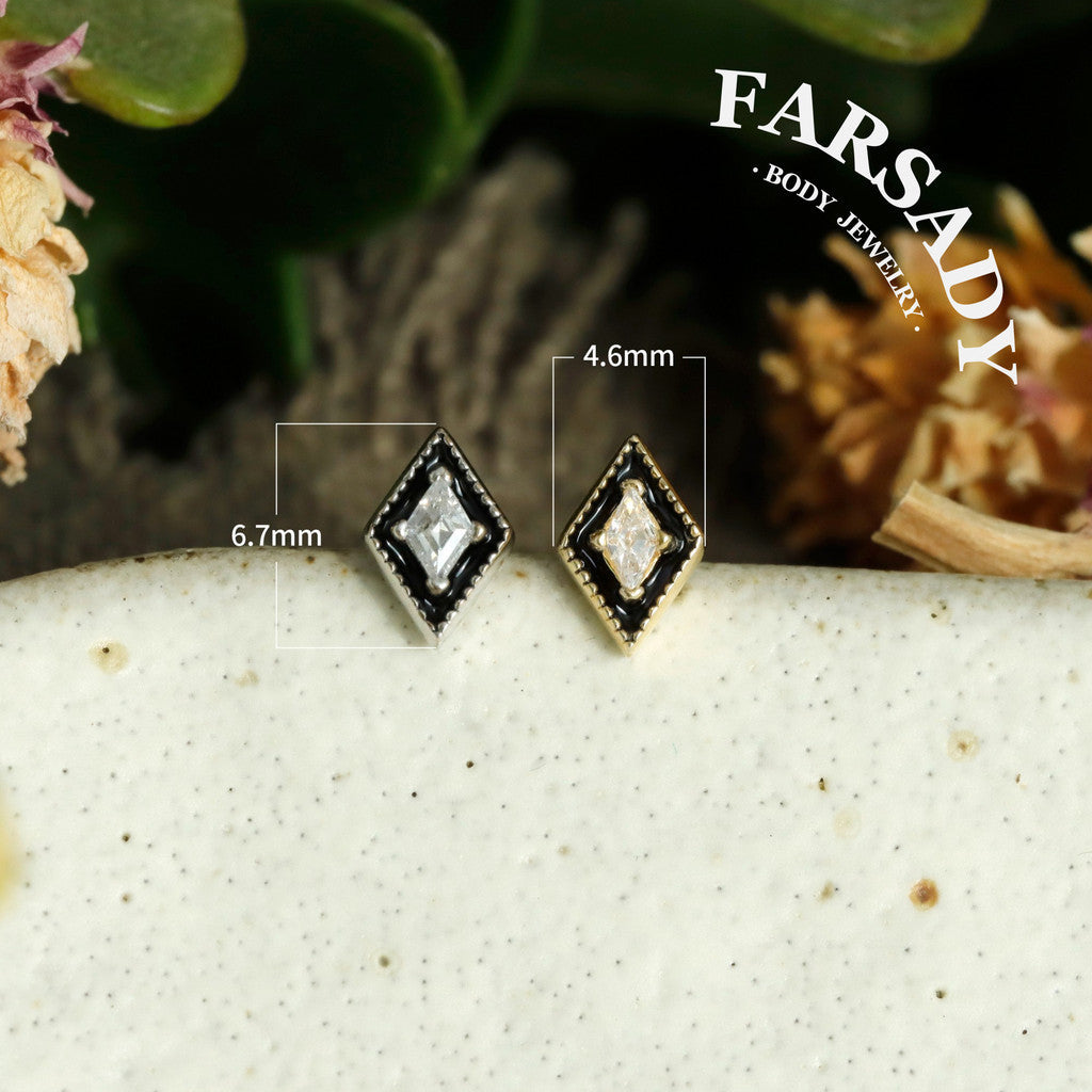 Rhombus Black Enamel CZ Tragus Studs, Sterling Silver Helix Piercing Earrings, Titanium Threadless Push Pin, Flat Back Minimalist Jewelry