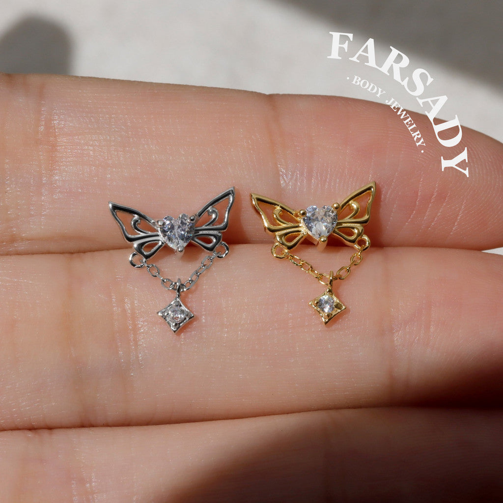 Butterfly Helix Stud Earring – Heart CZ Cartilage Chain Earring | Threadless Flat Back | Gold or Silver | Cartilage Dangle Piercing Jewelry