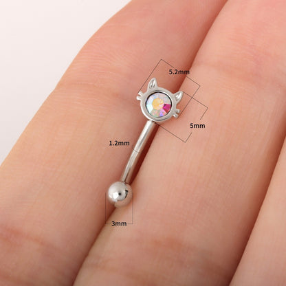 16G AB Cubic Zirconia Cat Curved Barbell, Elegant Silver CZ 8mm Bar Eyebrow Piercings Barbell, Cute Cat CZ Rook Earring, 8mm Cute Cat Rook Barbell